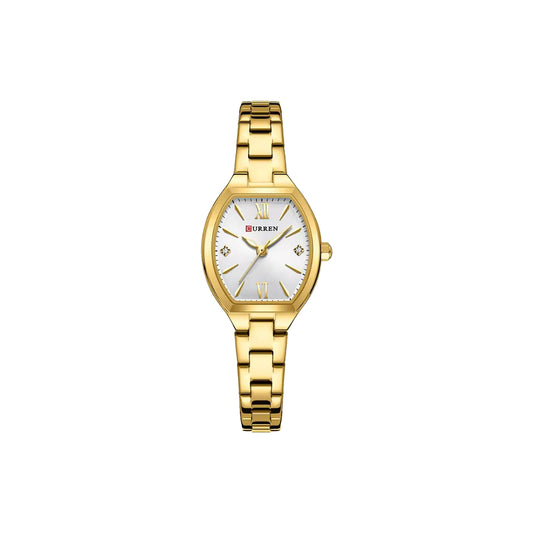 Gold wristwatch with a white face on a white background