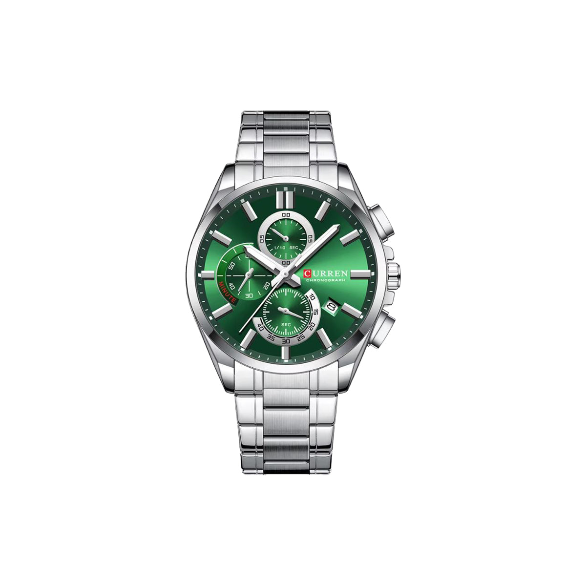 Silver watch with a green face on a white background