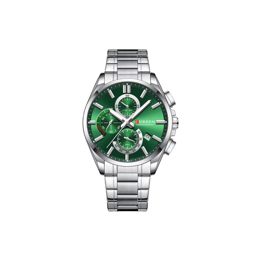 Silver watch with a green face on a white background