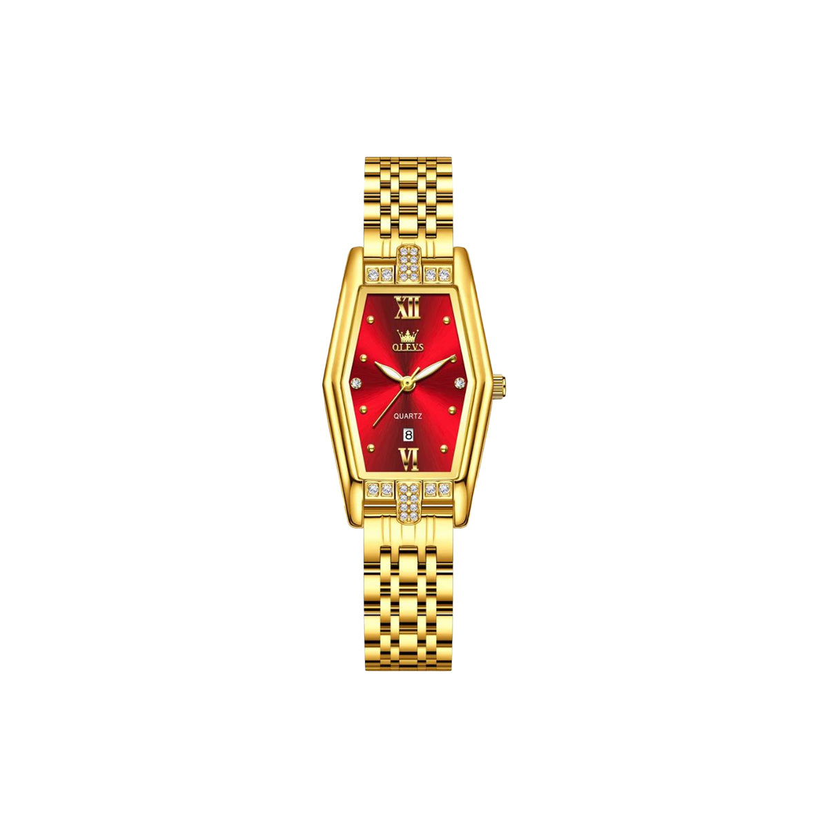 Gold watch with a red face on a white background