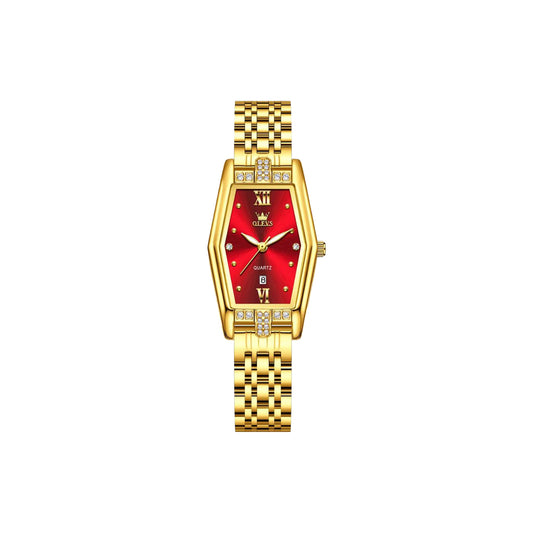Gold watch with a red face on a white background