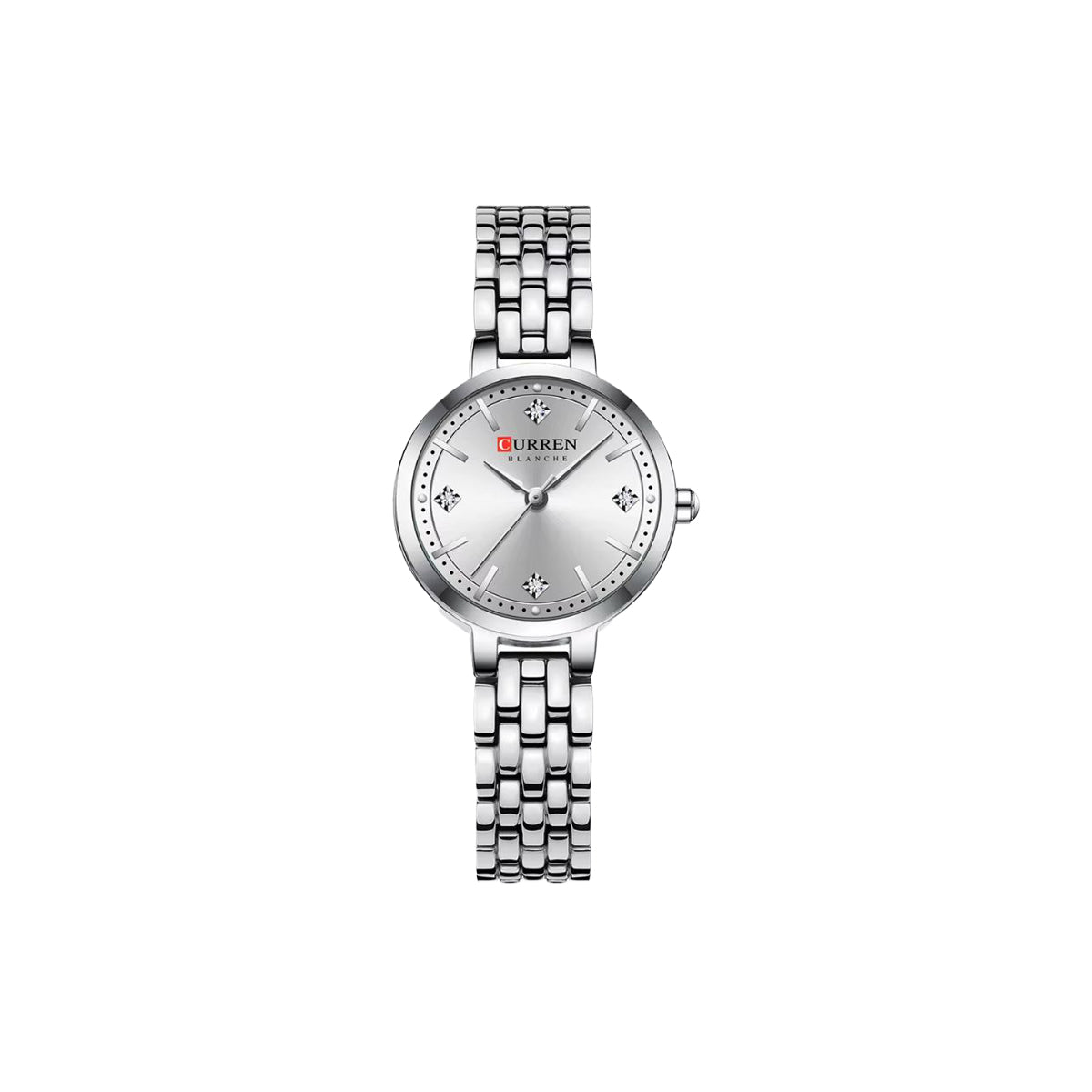 Silver wristwatch with a white dial on a white background