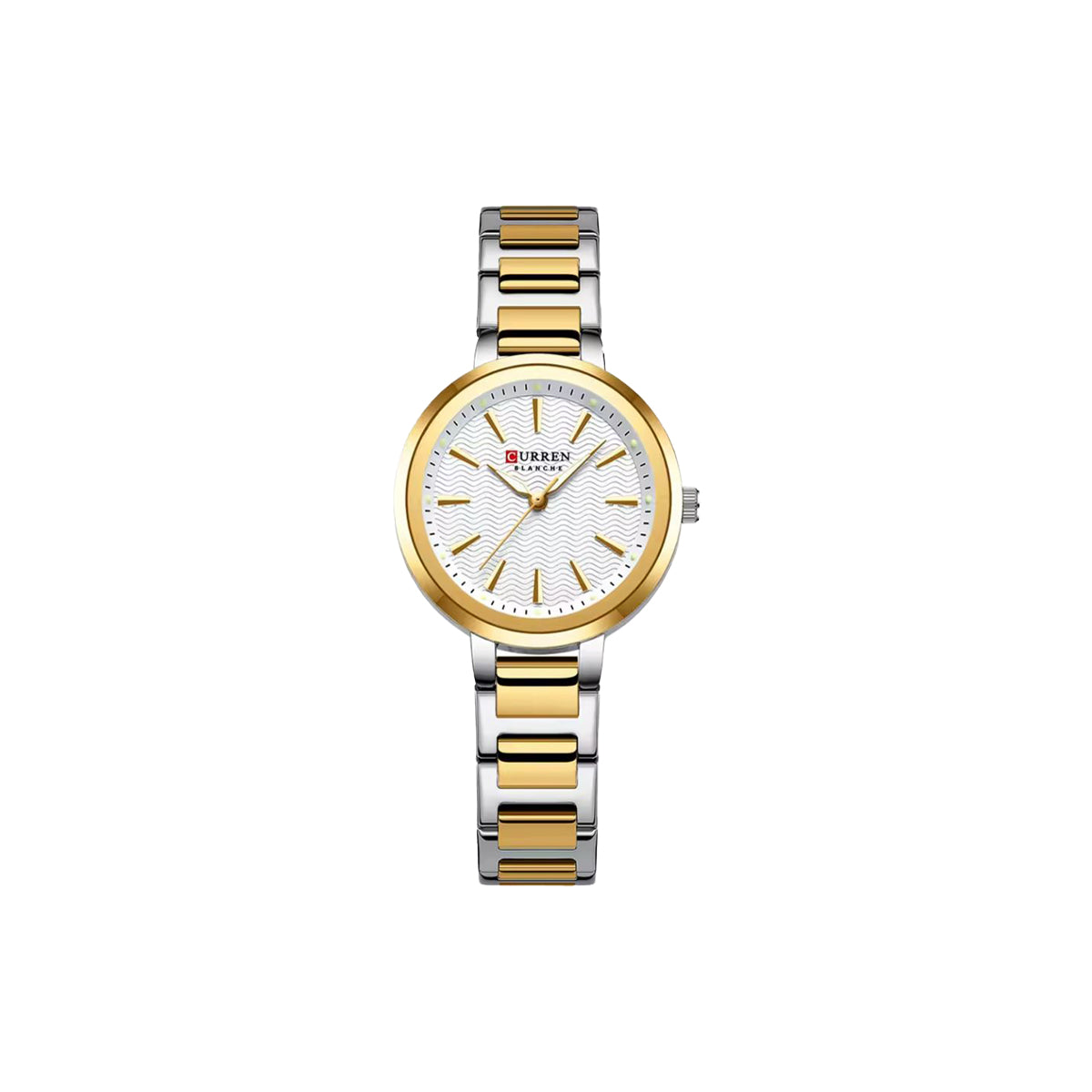 Two-tone watch with gold and silver band on a white background