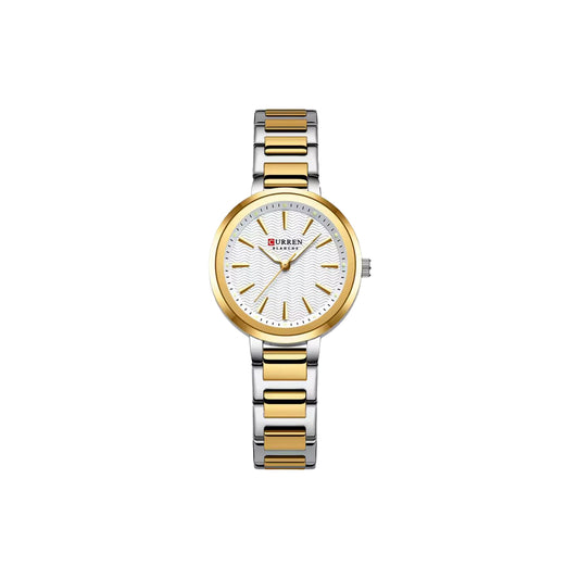 Two-tone watch with gold and silver band on a white background