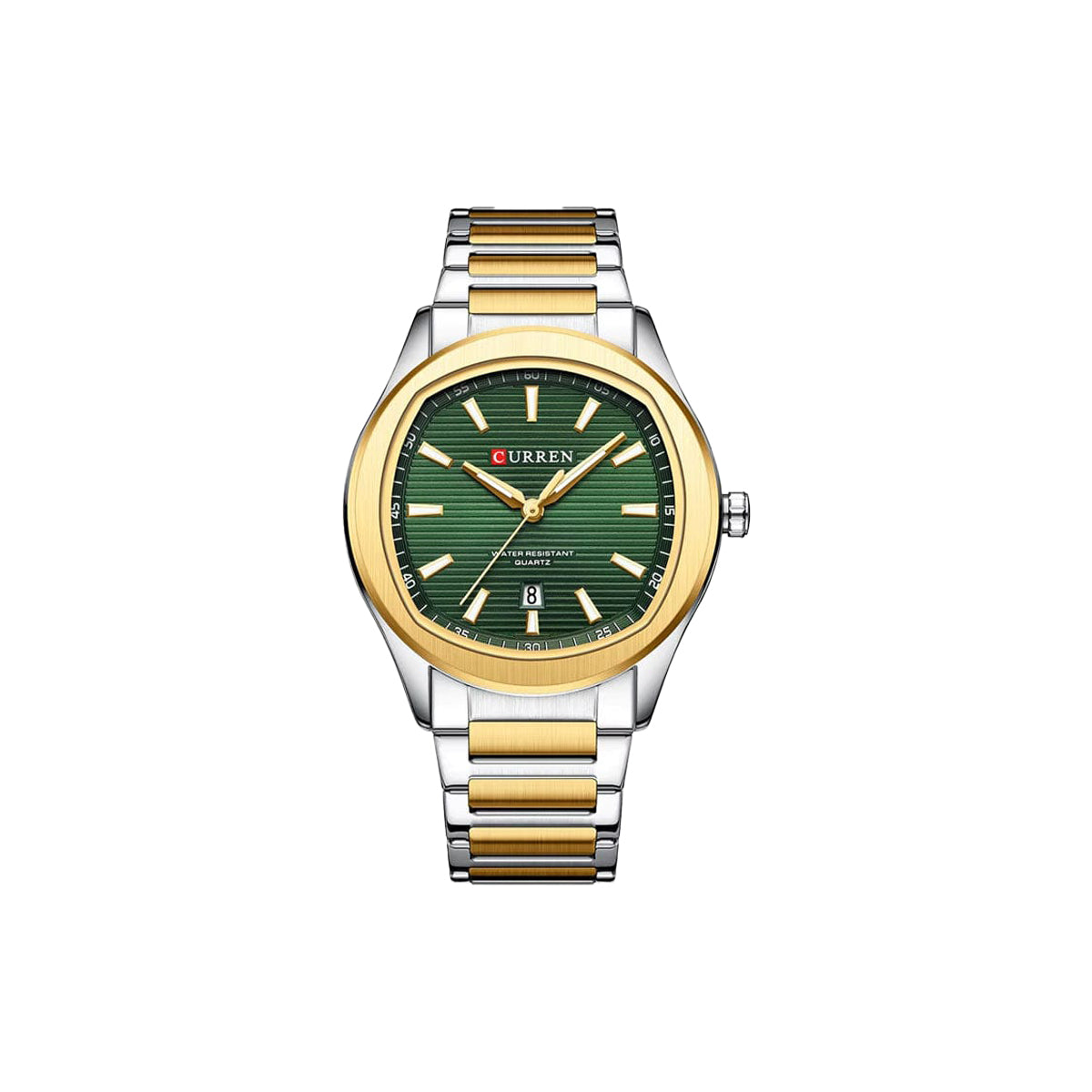 Two-tone watch with green dial on a white background