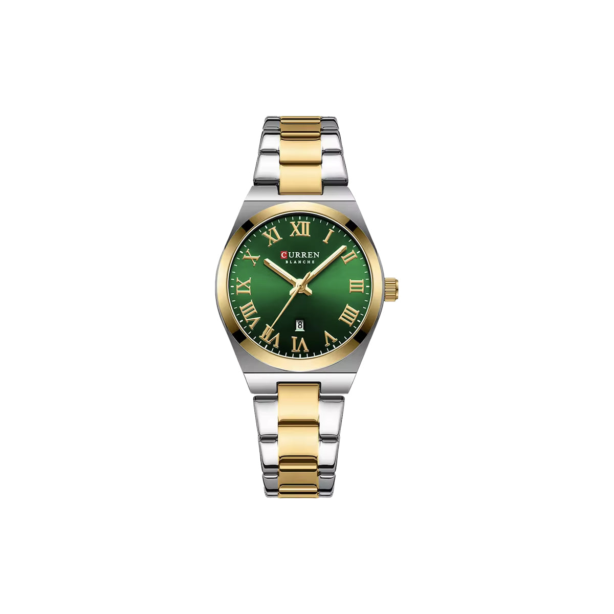 Two-tone silver and gold watch with a green dial on a white background