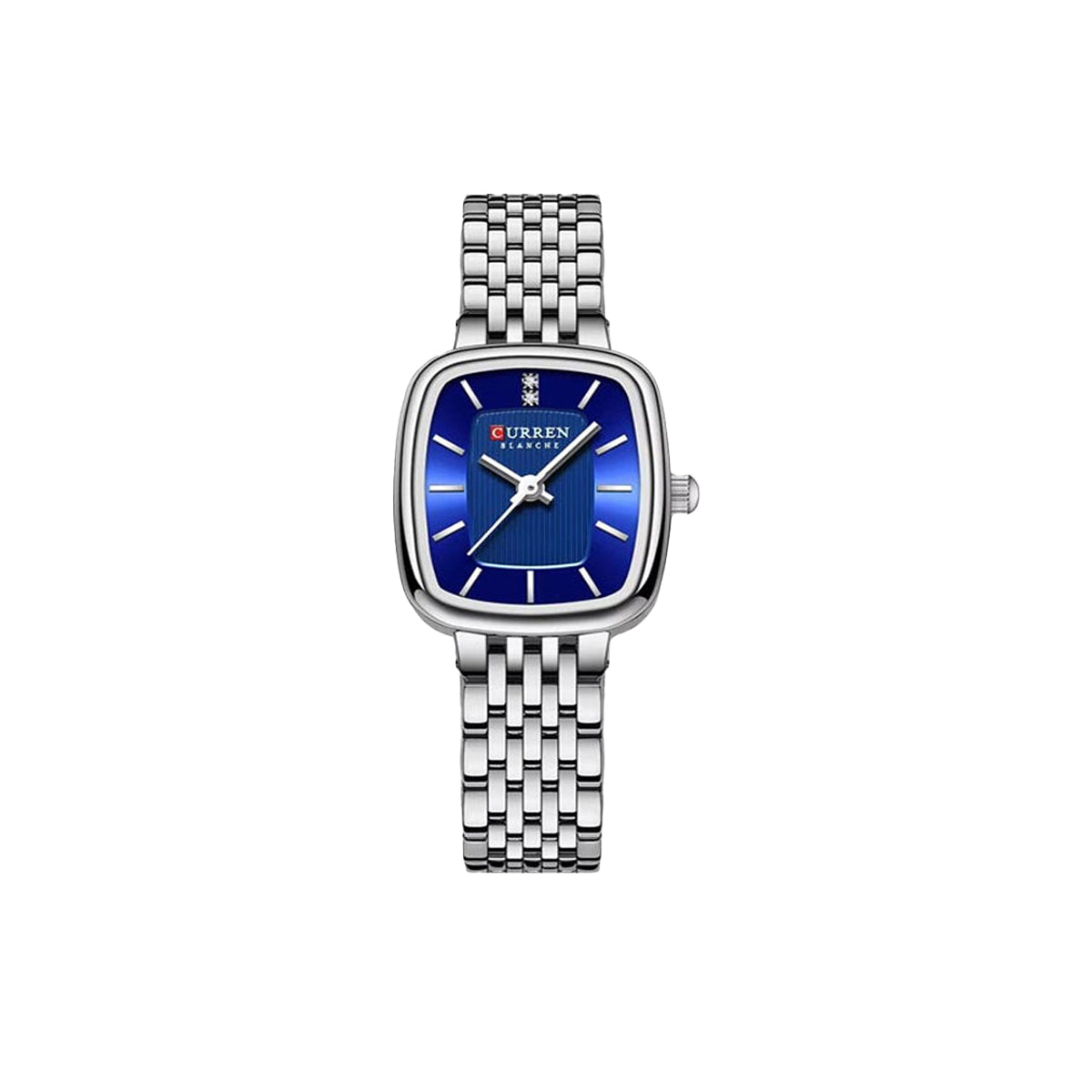 Silver watch with blue face on a white background