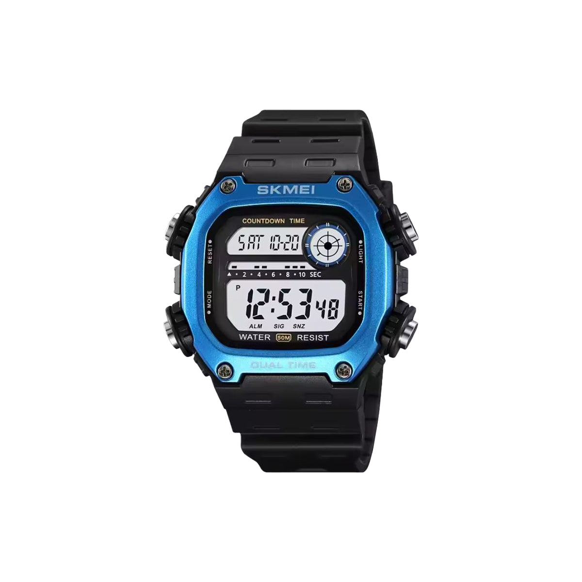Digital watch with blue and black design on a white background