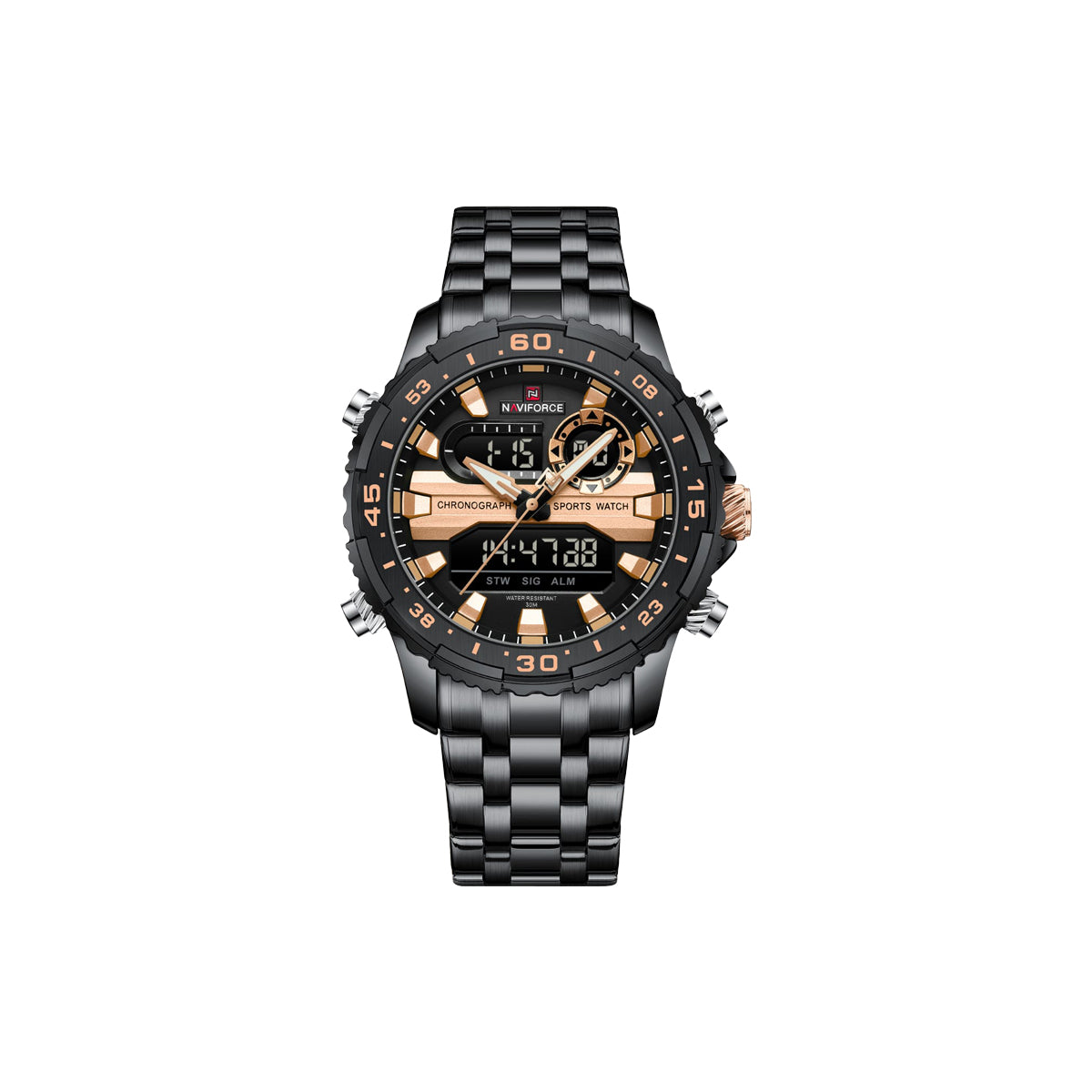 “Naviforce 9234 men’s sports waterproof dual display watch front view”