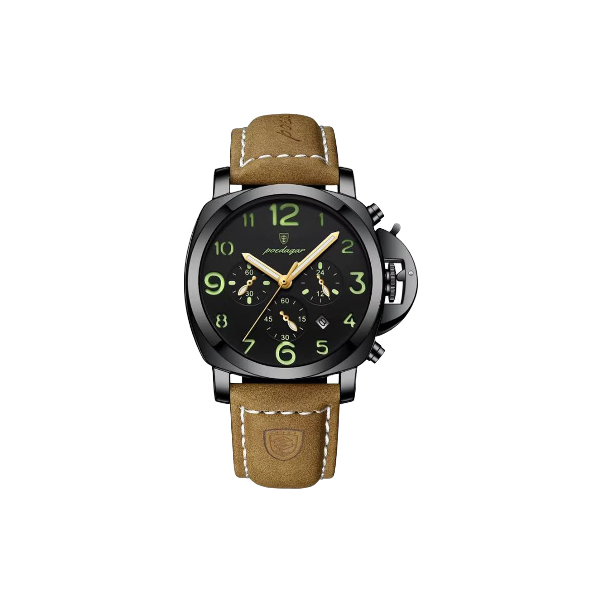 Watch with brown leather strap and black dial on a white background