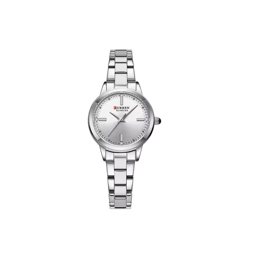 Silver watch with a white face on a white background