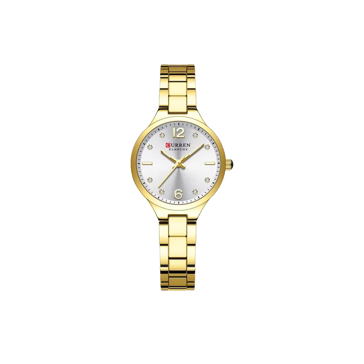 Gold wristwatch with a white face on a white background