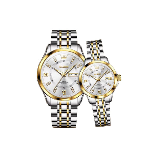 OLEVS 3620 Luxury Couple Quartz Watch Two Tone White– Stainless Steel Matching Wristwatch Set