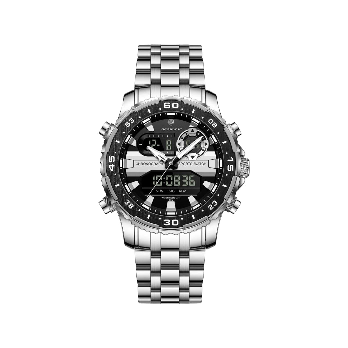 POEDAGAR 122 Luxury Dual Time LED Watch Silver Black – Waterproof Digital Stainless Steel Men’s Wristwatch