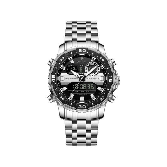 POEDAGAR 122 Luxury Dual Time LED Watch Silver Black – Waterproof Digital Stainless Steel Men’s Wristwatch