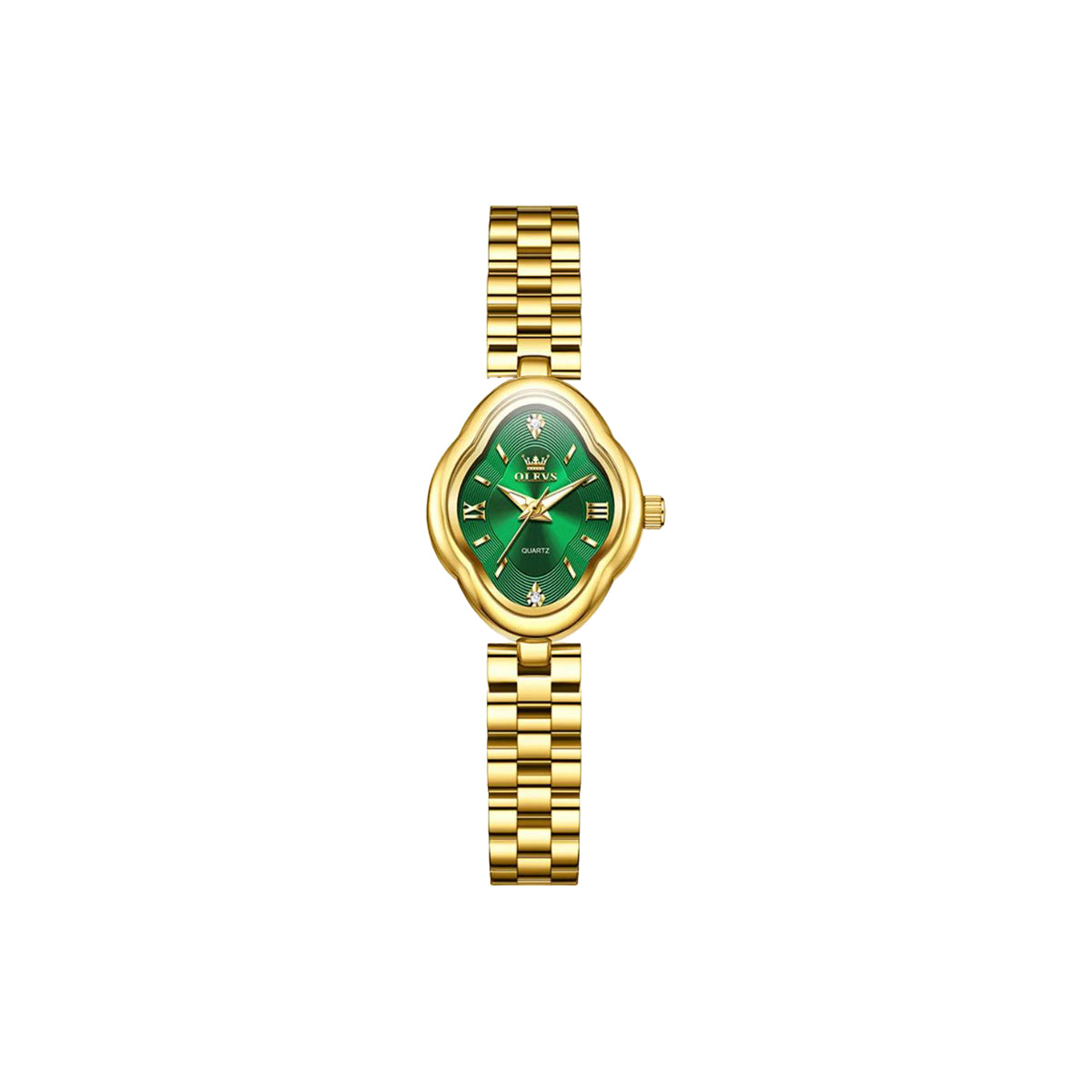 Gold watch with a green face on a white background
