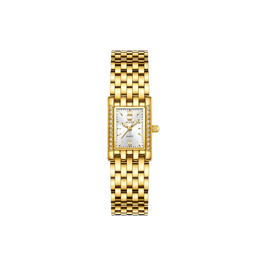 Gold watch with a white face on a white background