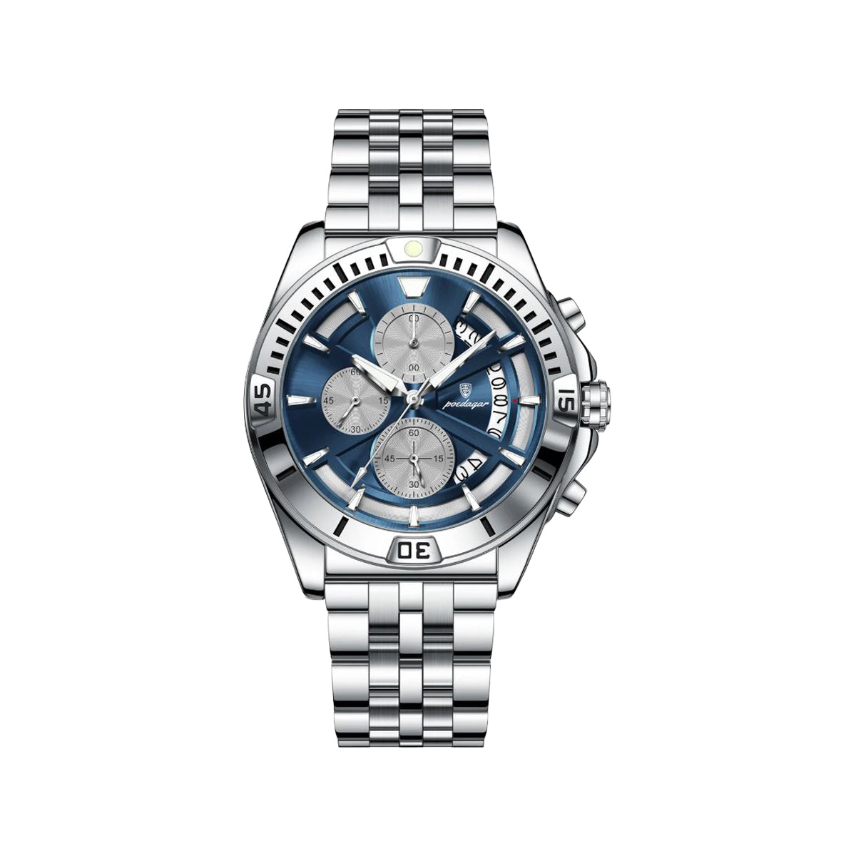 POEDAGAR 695 Men’s Sports Quartz Watch Silver Blue – Stainless Steel Luxury Chronograph Wristwatch