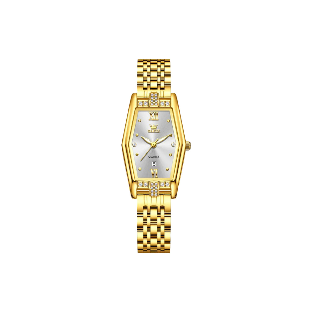 Gold wristwatch with a diamond-studded bezel on a white background