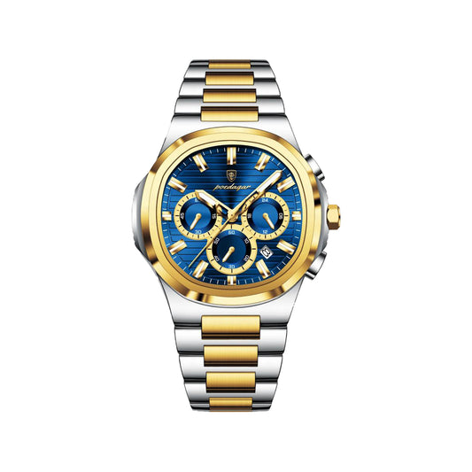 POEDAGAR 834 Men’s Luxury Square Quartz Watch Gold Blue– Waterproof Luminous Date Stainless Steel Wristwatch