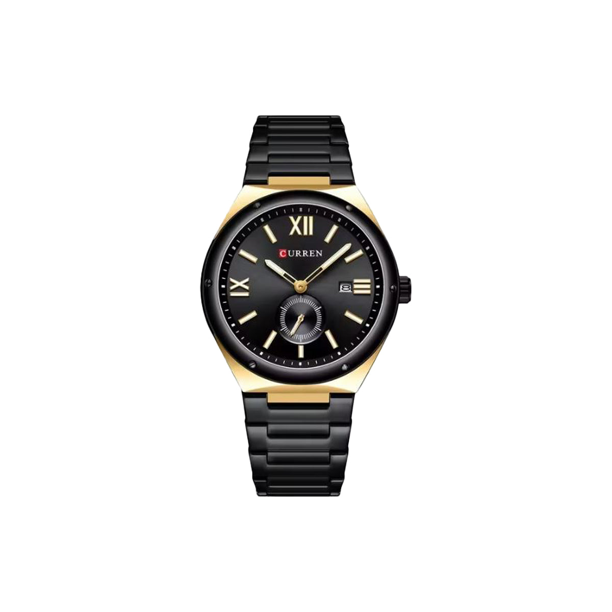 Black and gold watch with 'Curren' branding on a white background