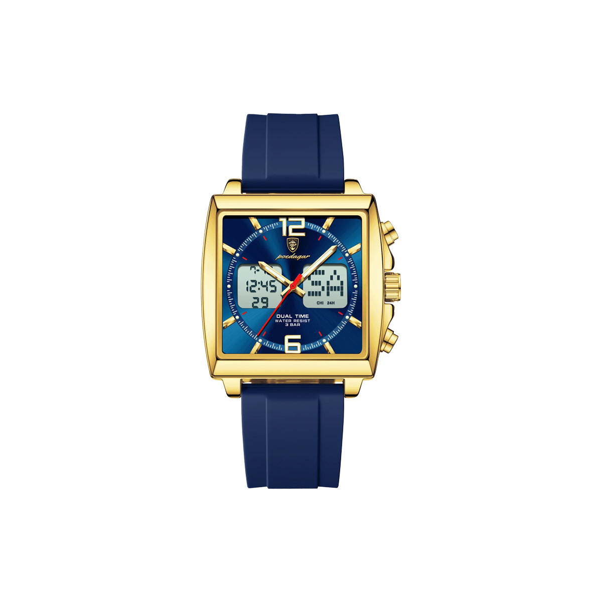 Wristwatch with blue strap and gold case on a white background
