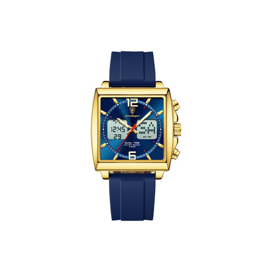 Wristwatch with blue strap and gold case on a white background