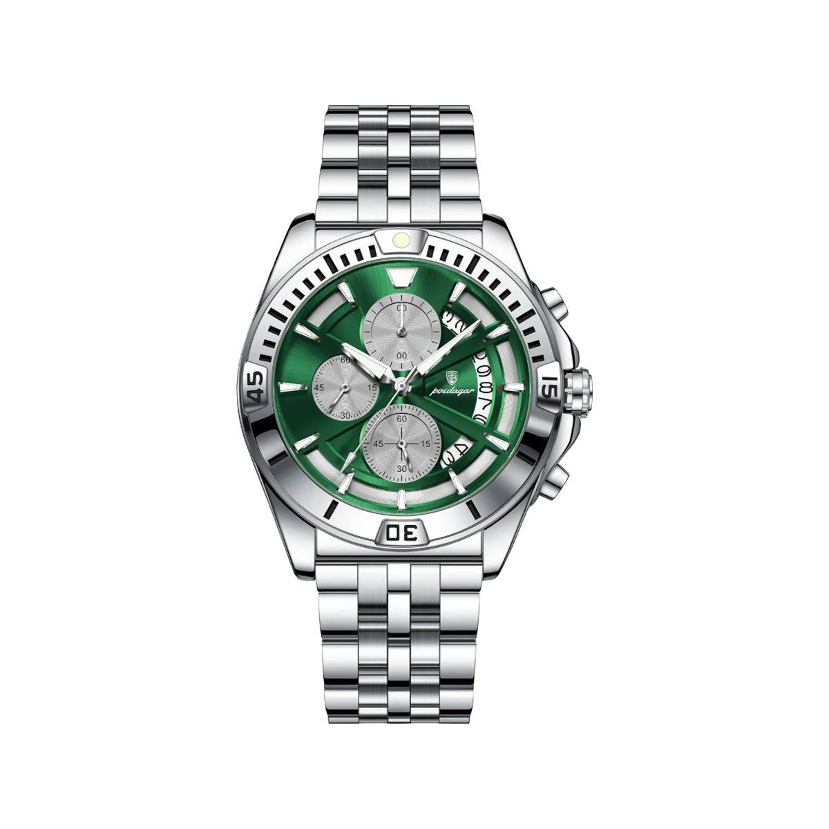 POEDAGAR 695 Men’s Sports Quartz Watch Silver Green – Stainless Steel Luxury Chronograph Wristwatch