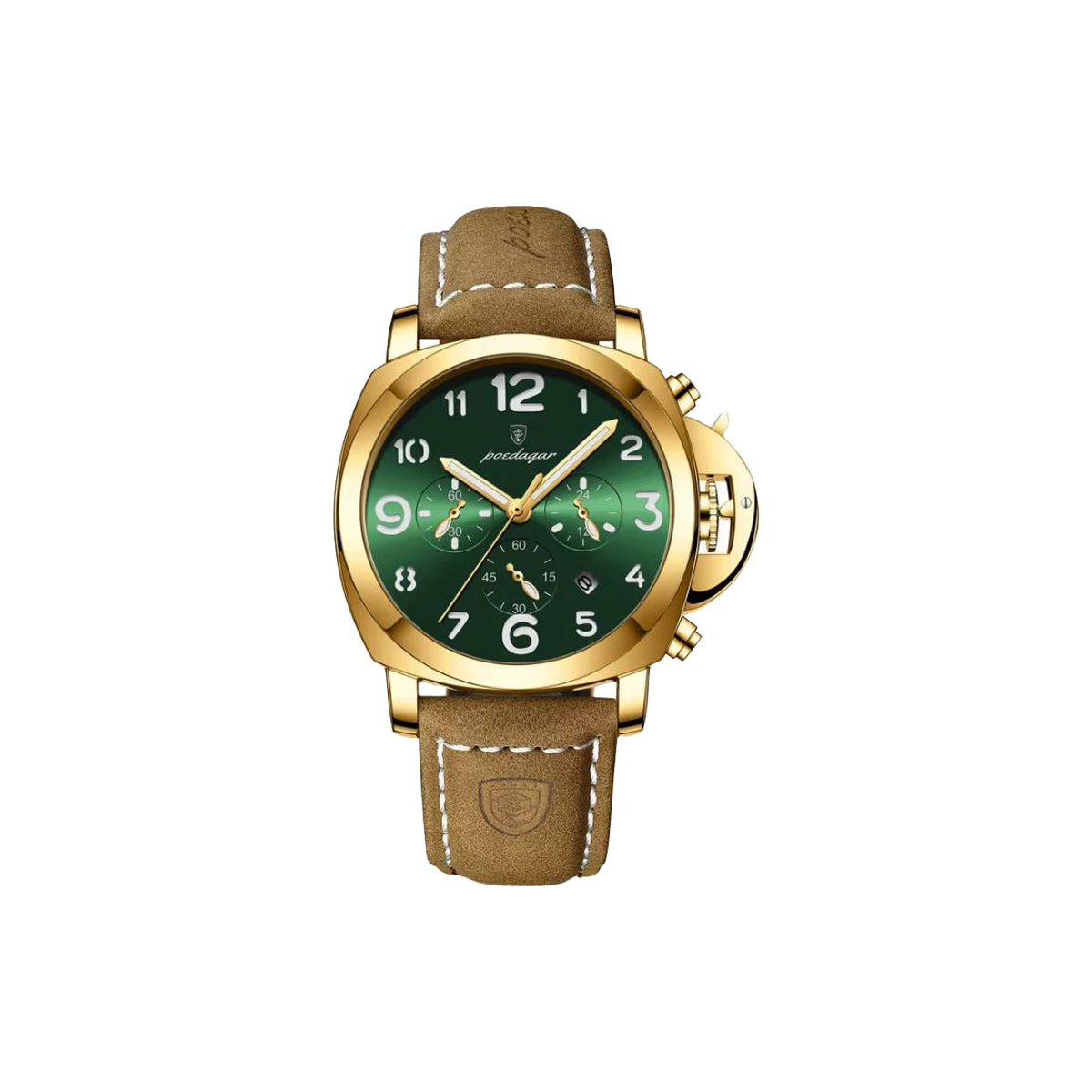 Watch with green dial and brown leather strap on a white background