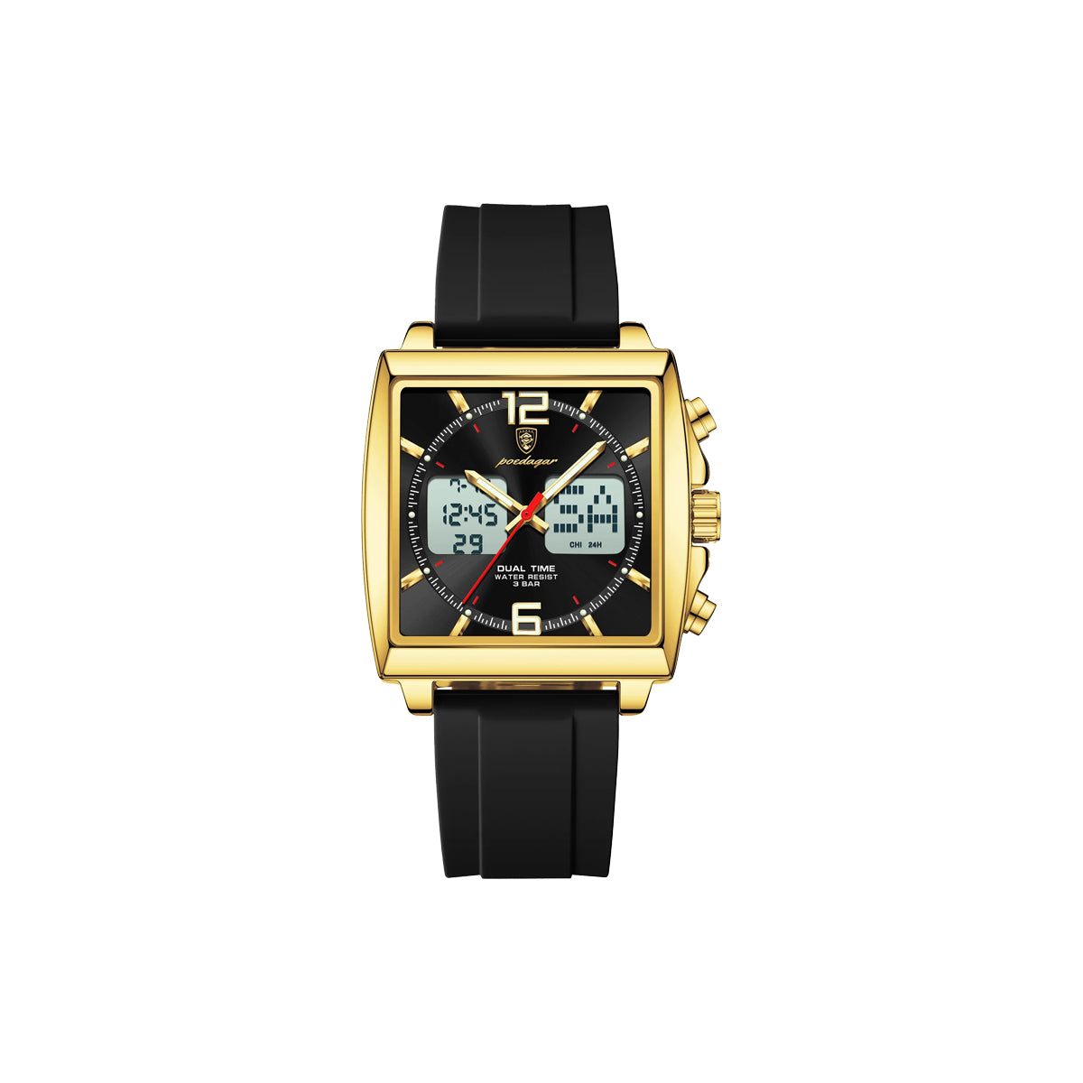 Gold watch with black strap on a white background