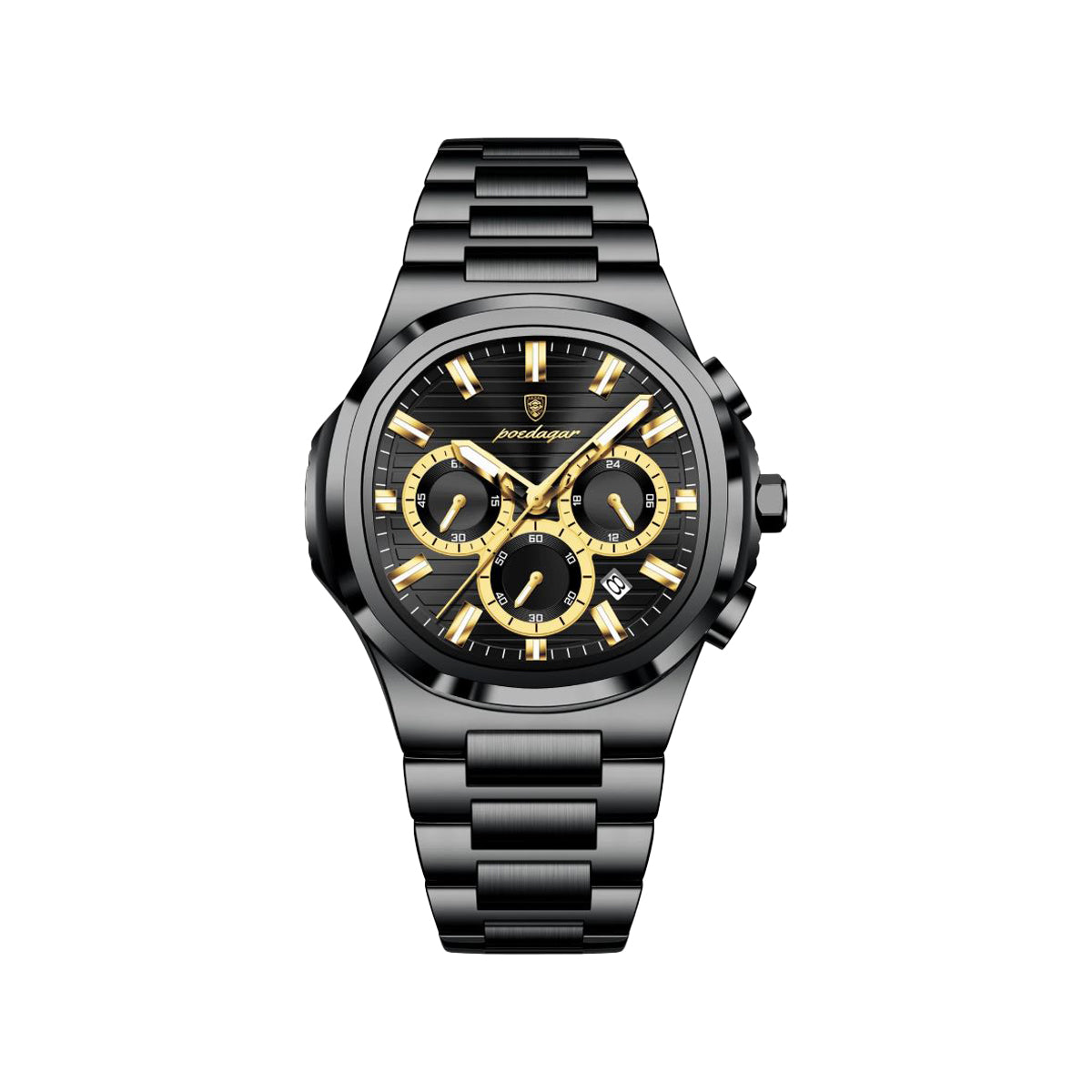 POEDAGAR 834 Men’s Luxury Square Quartz Watch Black– Waterproof Luminous Date Stainless Steel Wristwatch