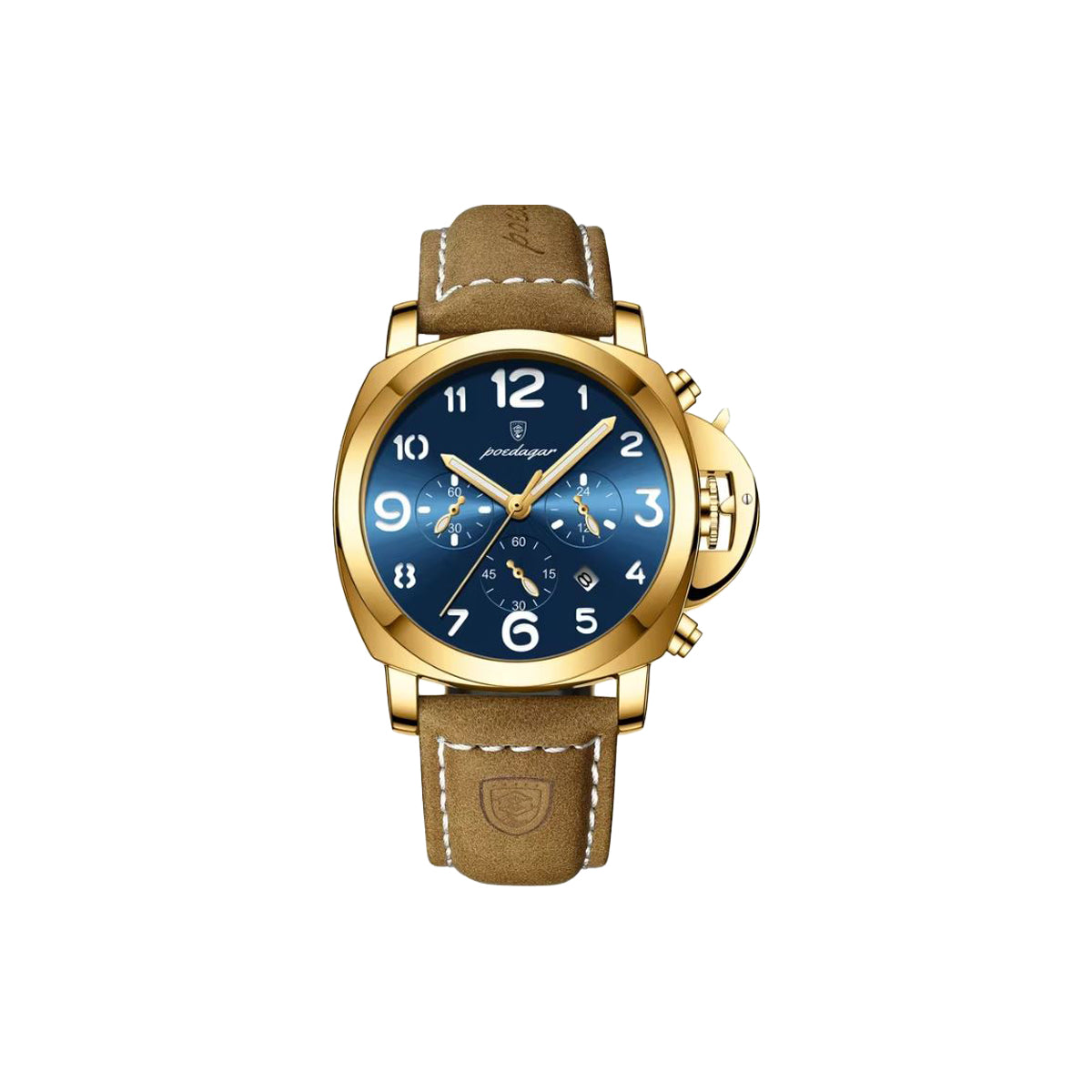 Gold watch with a blue face and brown leather strap on a white background