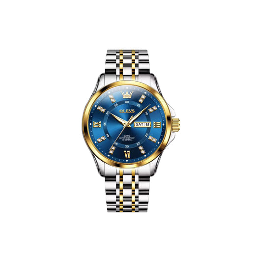 OLEVS 3620 Men’s Luxury Quartz Watch – Two tone Blue Fashion Stainless Steel Business Wristwatch