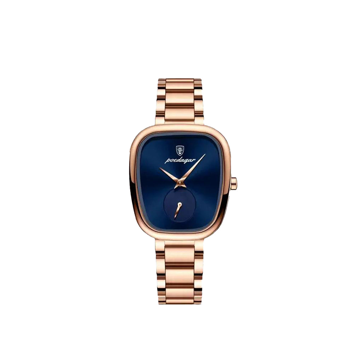 Rose gold watch with blue dial on a white background