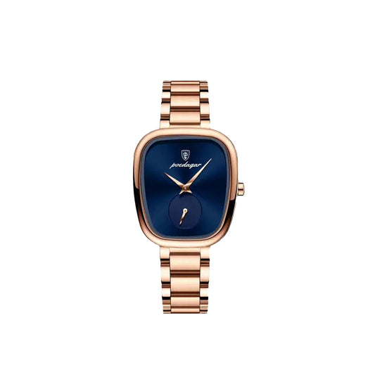 Rose gold watch with blue dial on a white background