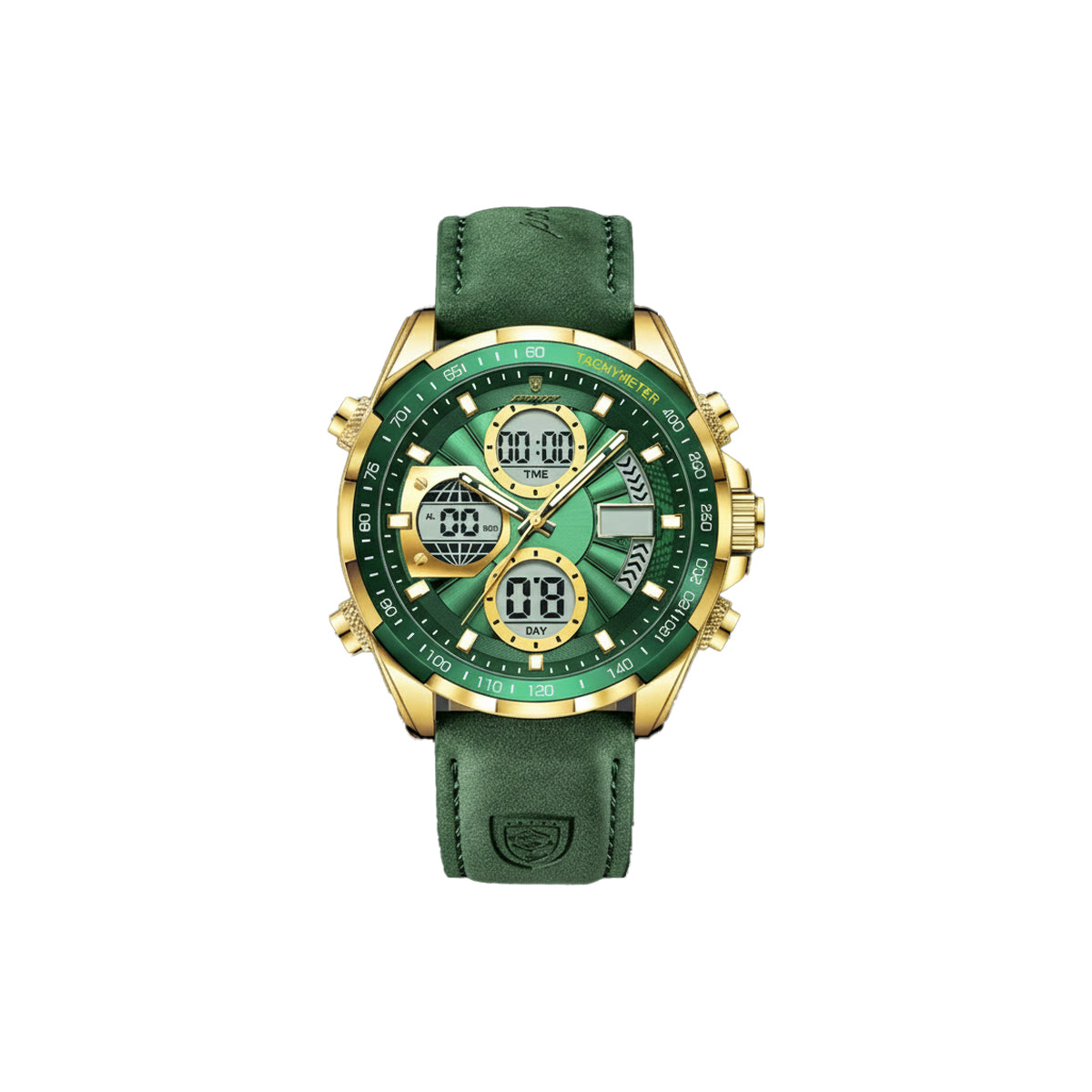 Green watch with gold accents on a white background