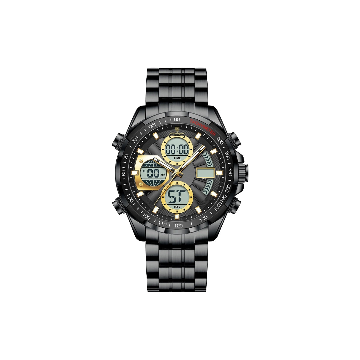 Black wristwatch with digital and analog display on a white background