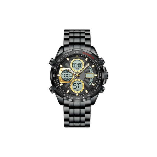 Black wristwatch with digital and analog display on a white background