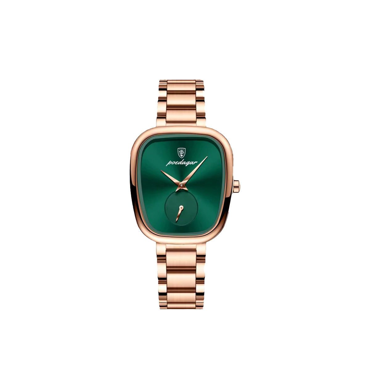 Watch with green face and rose gold band on white background