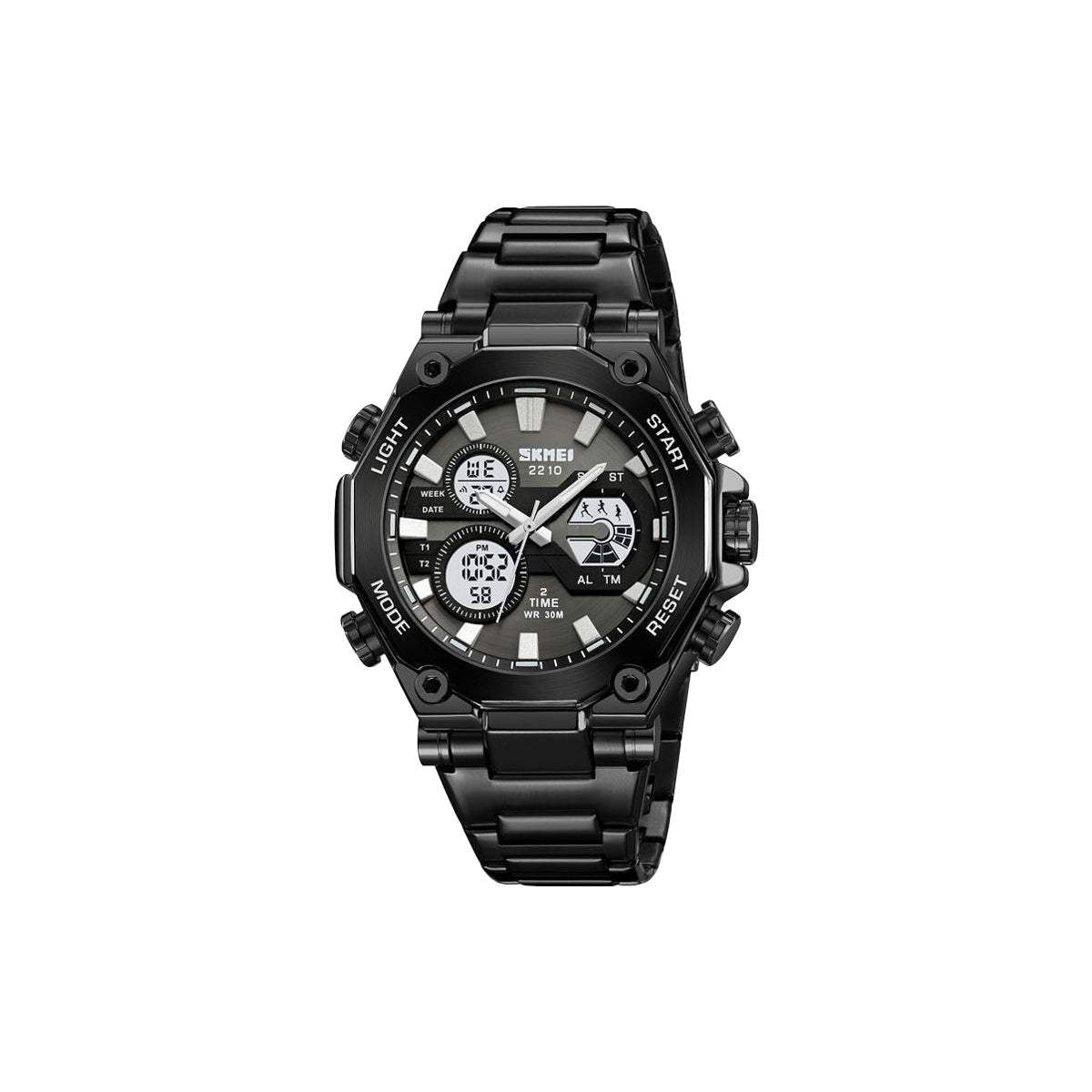 SKMEI 2210 Men’s Dual Time Digital Watch – Luxury Quartz Movement, Stainless Steel Sport Wristwatch