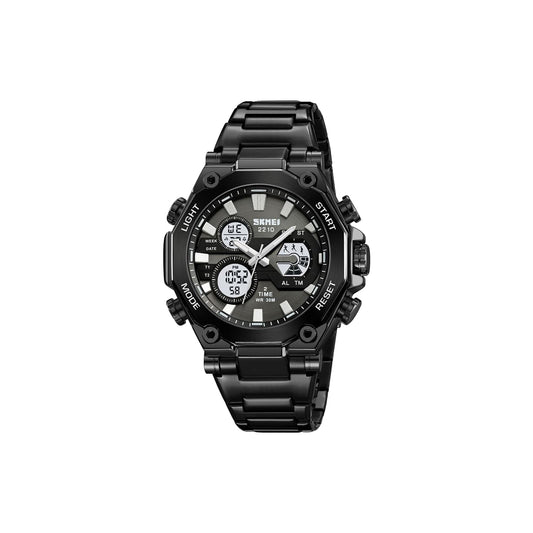 SKMEI 2210 Men’s Dual Time Digital Watch – Luxury Quartz Movement, Stainless Steel Sport Wristwatch