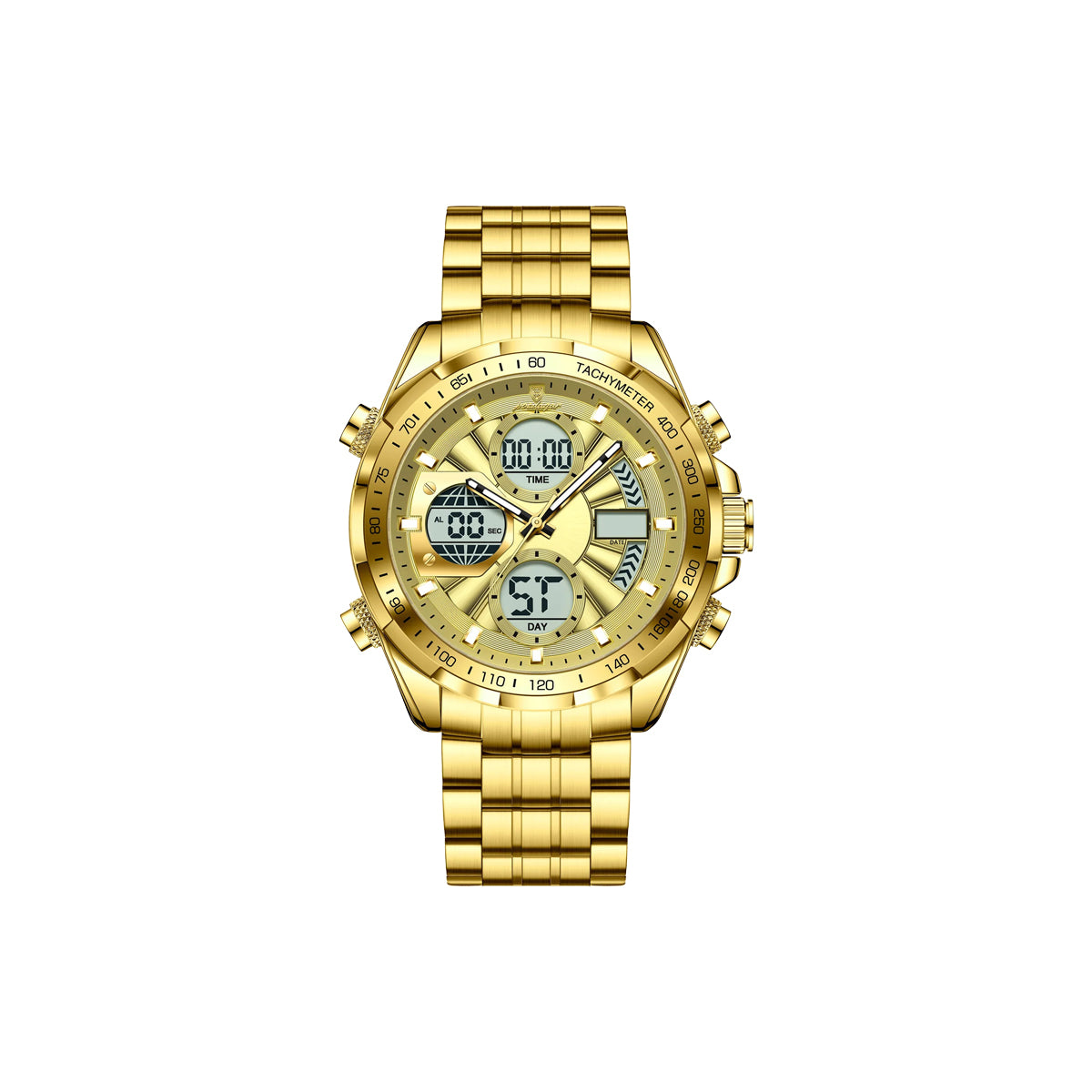 Gold wristwatch with digital and analog display on a white background