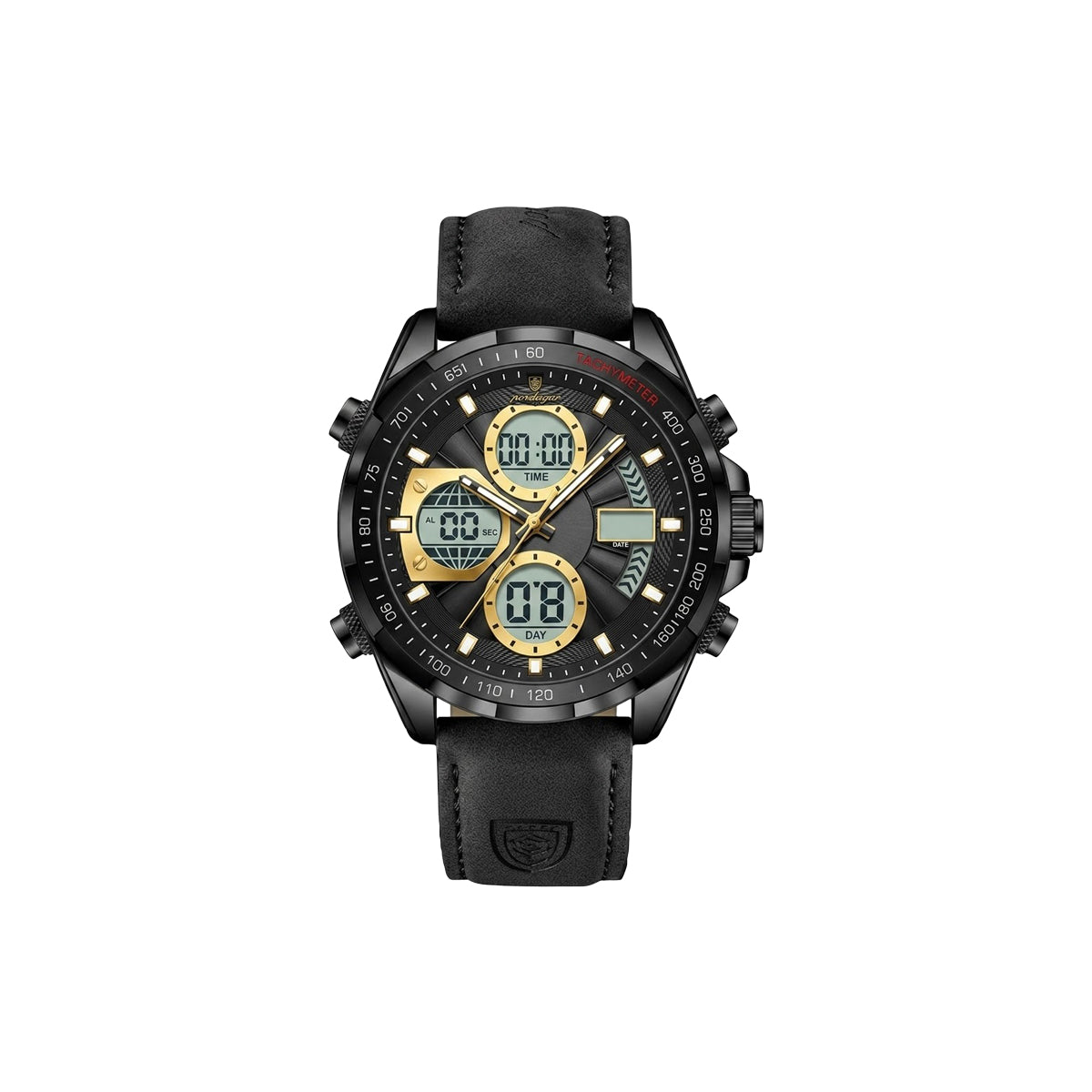 Black wristwatch with digital display on a white background