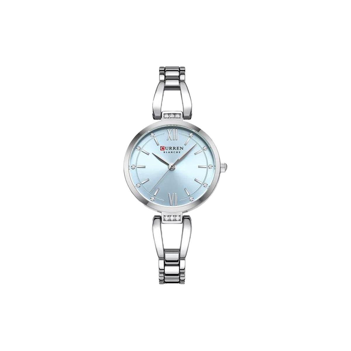 Silver watch with a light blue face on a white background