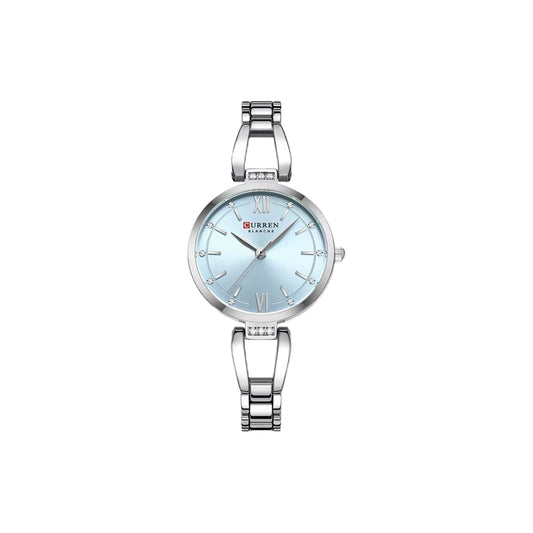 Silver watch with a light blue face on a white background