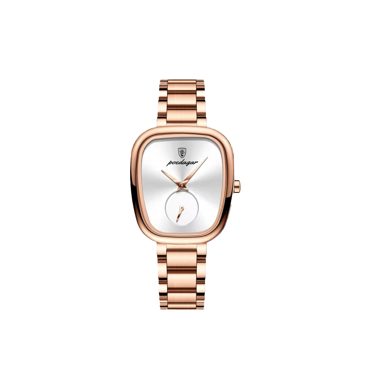 Rose gold watch with a white face on a white background