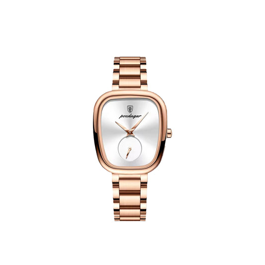 Rose gold watch with a white face on a white background