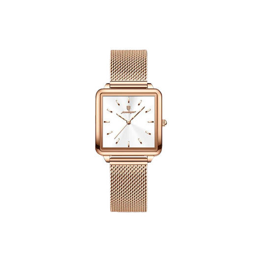 Rose gold watch with a square face on a white background