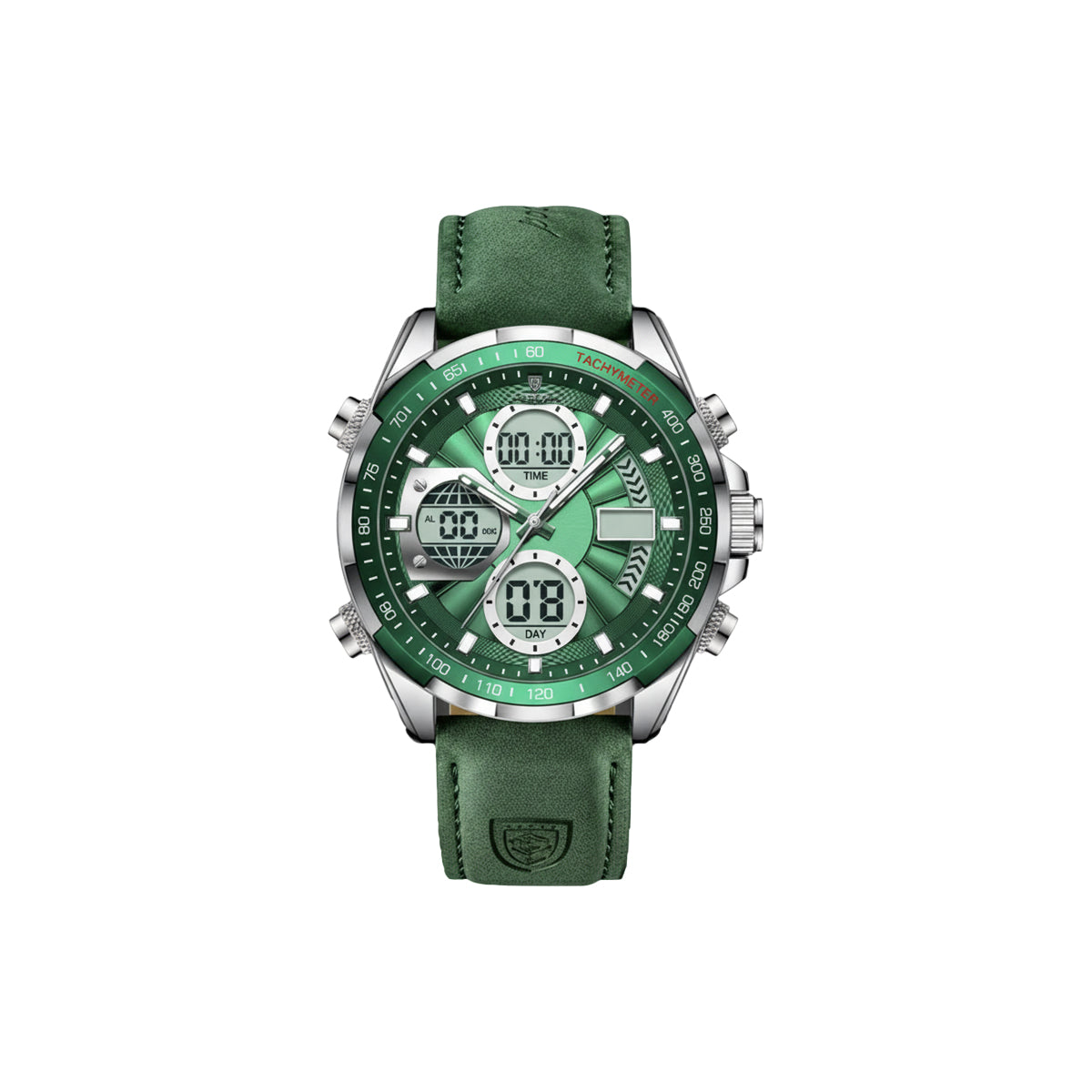 Green watch with digital and analog display on a white background