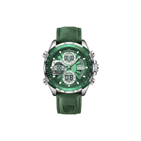 Green watch with digital and analog display on a white background